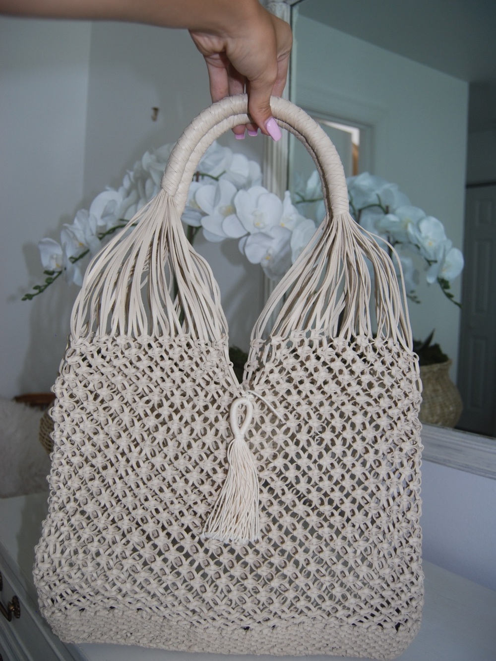 Ulla Johnson Cream Macramé Tote with Tassel